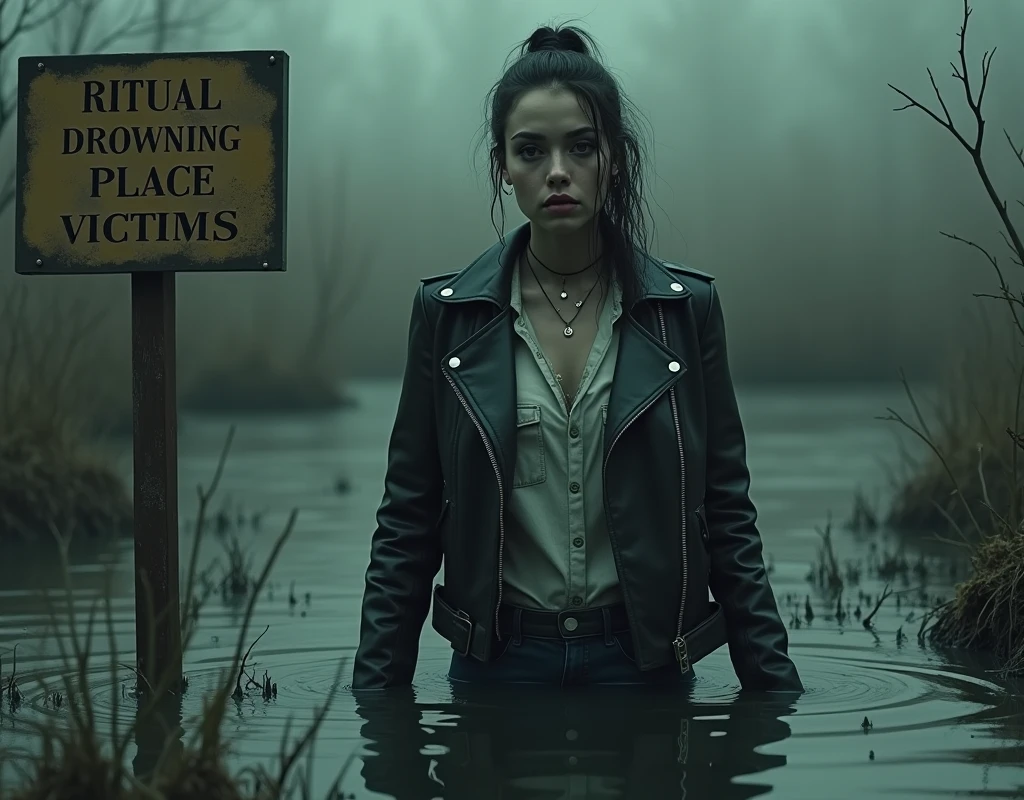 woman, biker jacket, information pointer "RITUAL DROWNING PLACE VICTIMS ONLY", flared jeans, stuck in bog, ritual hairdress,makeup.collar only 