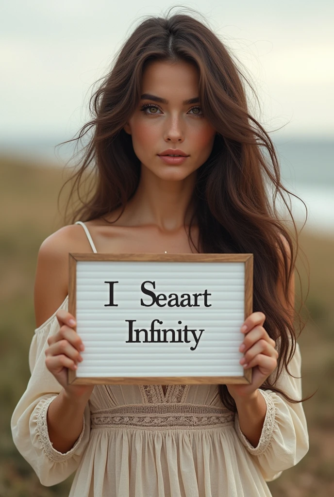 Beautiful girl with wavy long hair, bohemian dress, holding a white board with text "I Love Seaart Infinity" and showing it to the viewer