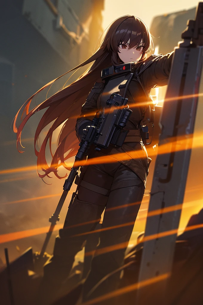 In the spotlight, holding_gun, assault_rifle, Very detailed, Brown Hair, Long Hair, Anime Style, whole body, alone, Stylish Gunfighter Girl, Holding a steampunk long barrel pistol,Standing in the wasteland, 8K high resolution, White Background, The background is a dark and desolate landscape, Horror movie atmosphere. Her figure is very beautiful, Emphasizing the dark and crazy elements. Skillfully expressing the effects of light and shadow, Anime girls with guns and rifles, from Girls' Frontline, mechanized soldier girl, Girls' Frontline style
