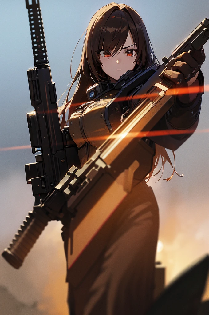 In the spotlight, holding_gun, assault_rifle, Very detailed, Brown Hair, Long Hair, Anime Style, whole body, alone, Stylish Gunfighter Girl, Holding a steampunk long barrel pistol,Standing in the wasteland, 8K high resolution, White Background, The background is a dark and desolate landscape, Horror movie atmosphere. Her figure is very beautiful, Emphasizing the dark and crazy elements. Skillfully expressing the effects of light and shadow, Anime girls with guns and rifles, from Girls&#39; Frontline, mechanized soldier girl, Girls&#39; Frontline style