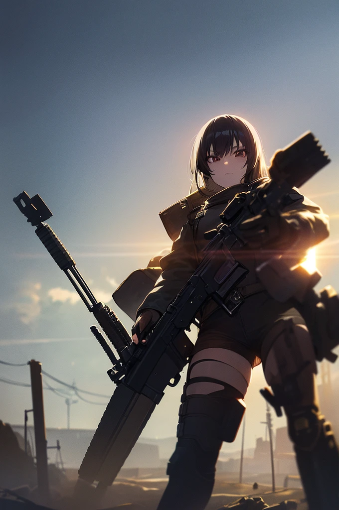 In the spotlight, holding_gun, assault_rifle, Very detailed,, Anime Style, whole body, alone, Stylish Gunfighter Girl, Holding a steampunk long barrel pistol,Standing in the wasteland, 8K high resolution, White Background, The background is a dark and desolate landscape, Horror movie atmosphere. Her figure is very beautiful, Emphasizing the dark and crazy elements. Skillfully expressing the effects of light and shadow, Anime girls with guns and rifles, from Girls&#39; Frontline, mechanized soldier girl, Girls&#39; Frontline style