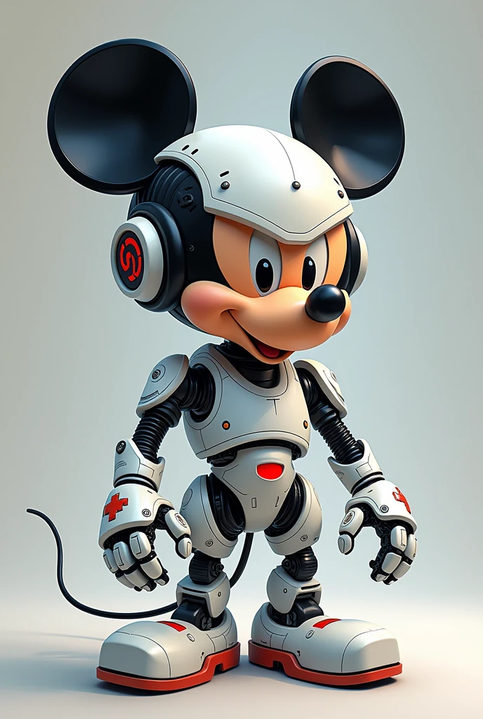 "Dessinez une illustration inspirée de samourai;art de star wars, représentant une version robotique de Mickey Mouse de style chibi. Le robot Mickey Mouse doit avoir un design futuriste , avec des lignes élégantes et des détails métalliques brillants. Votre visage doit conserver les traits classiques de Mickey, mais avec une esthétique plus technologique, y compris brillant, yeux expressifs et oreilles emblématiques. Votre corps doit être distinctif avec des articulations visibles et une aura de sophistication robotique. Assurez-vous de capturer samourai;essence de Mickey tout en incorporant  Samourai; son style distinctif, créant une fusion unique entre le classique et le futuriste."
