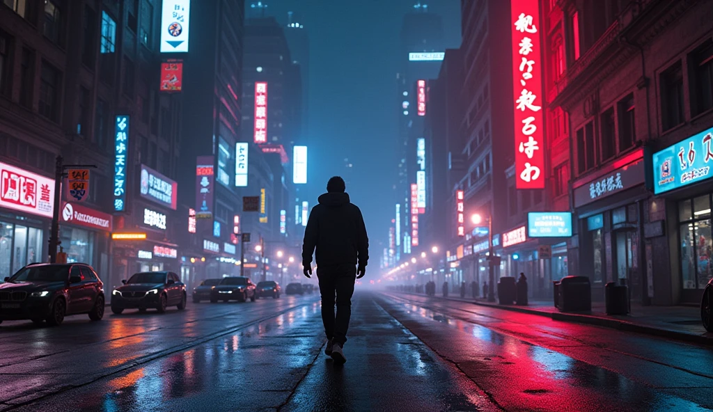 Man walking on the road at night, cyberpunk blade runner art, in the cyberpunk city, cyberpunk street, cyberpunk art style, futuristic street, cyberpunk themed art, Detailed Neon Cyberpunk City, Cyberpunk in Cyberpunk City, Cyberpunk dream landscape, in a futuristic cyberpunk city, Cyberpunk City, cyberpunk city street, busy cyberpunk metropolis, futuristic city street, cyberpunk vibe