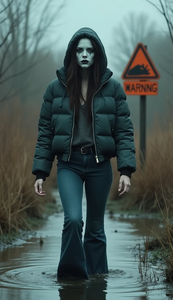 woman, zipped short down jacket, information pointer "RITUAL DROWNING PLACE VICTIMS ONLY", flared jeans, stuck in bog,pale ritual makeup