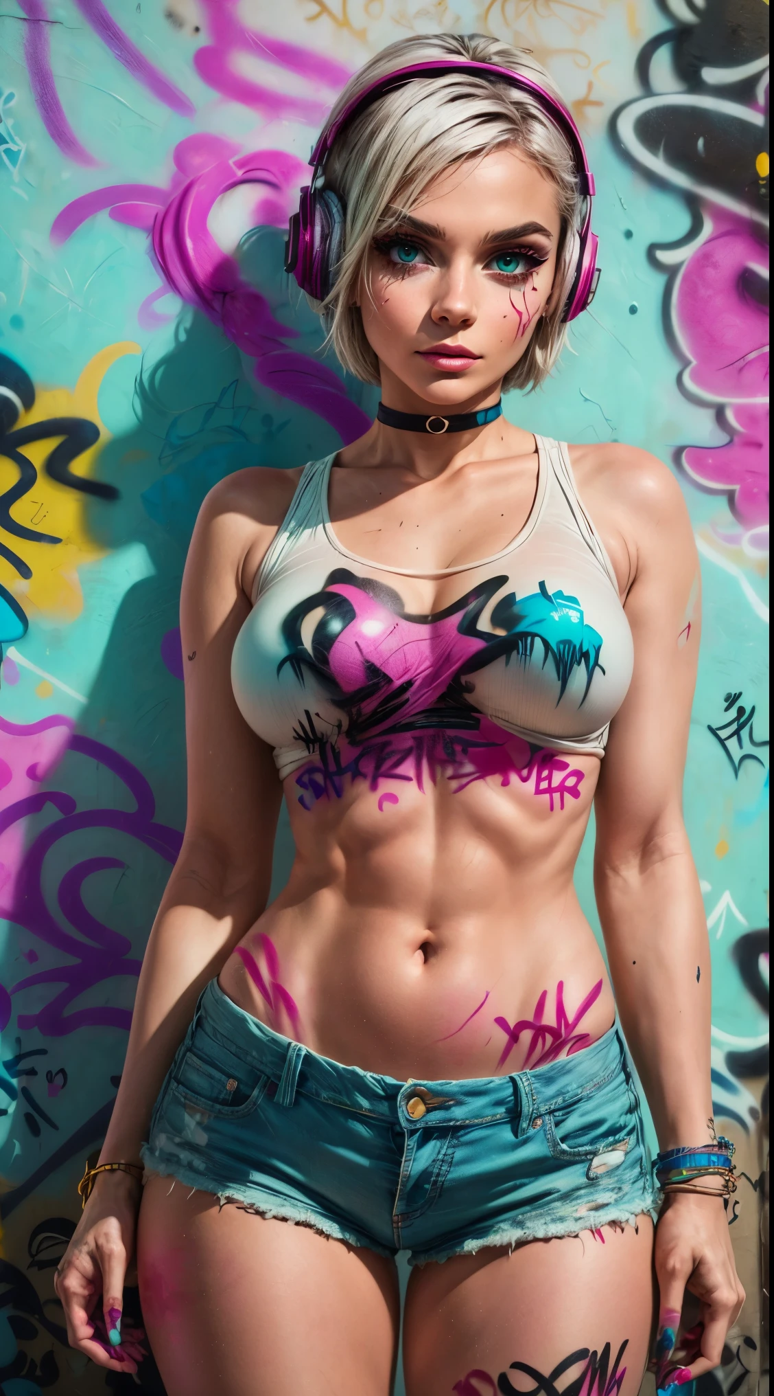 masterpiece, Best Quality, Tia shows herself with a quite slender figure.. she has grayish white hair , She has short hair and big pale green eyes., crop top, denim shorts, choker, (Graffiti:1.5), paint splash, arms behind the back, against the wall, looking at the viewer, bracelet, body paint, nod, bored, headphones,