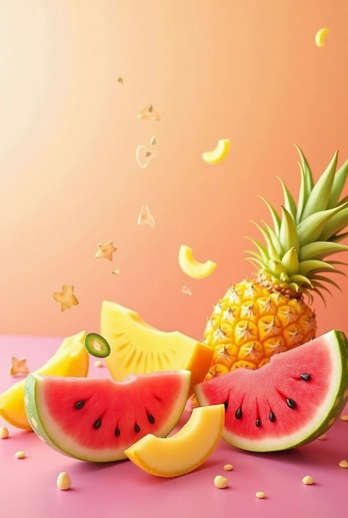 make a banner/pamphlets selling cut fruit filled with watermelon, melon and pineapple as attractive as possible like on TikTok melon