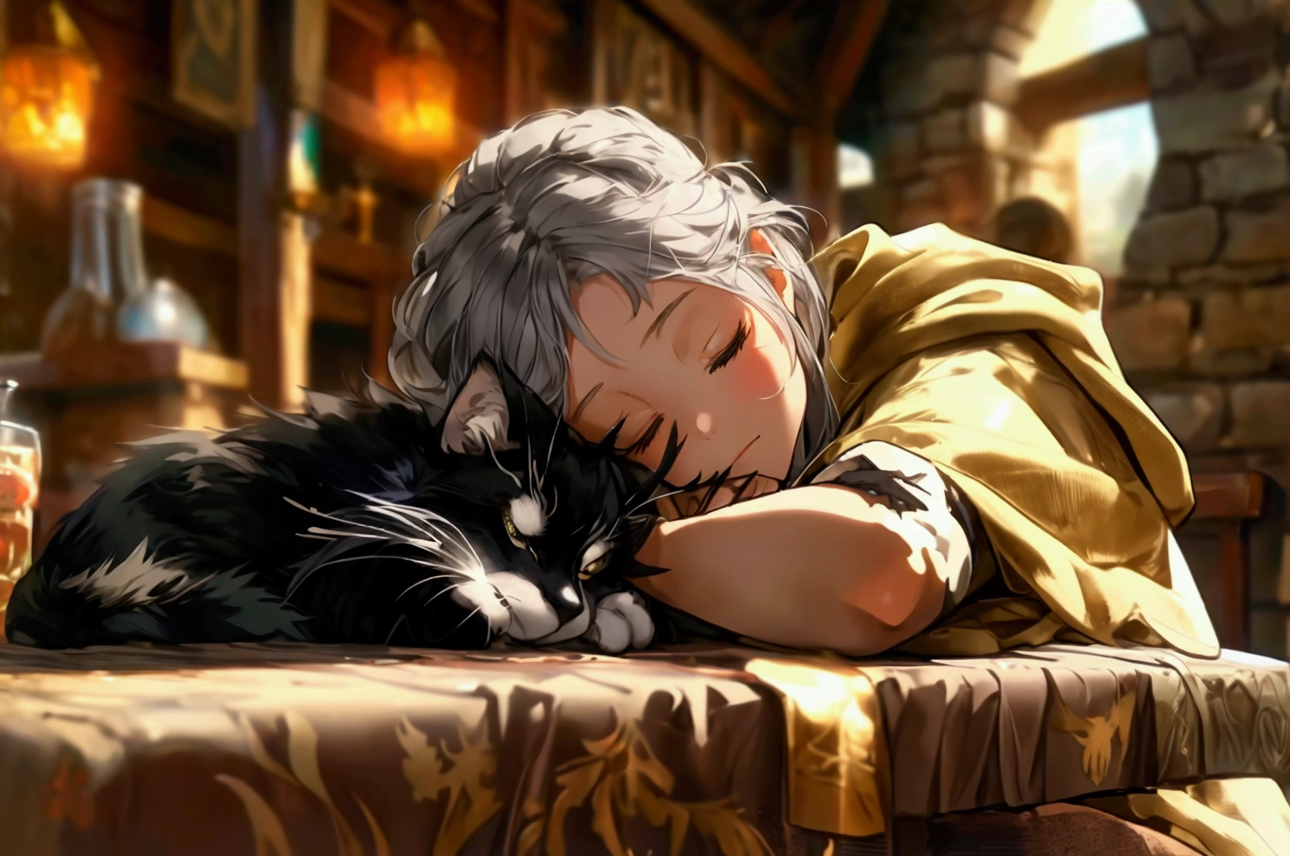An adventurer sleeps in a medieval tavern. The adventurer is a young girl wearing a millet-colored robe. She has long gray hair. A black cat is sleeping on the table. The black cat is sleeping close to the girl.