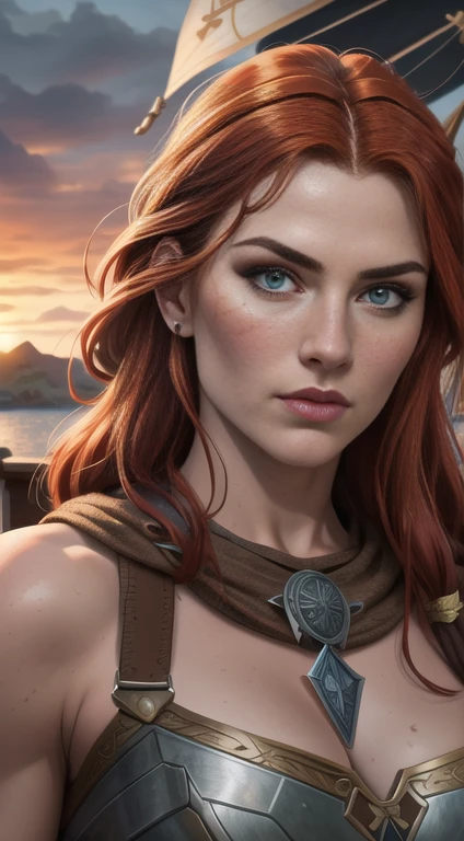 a viking warrior, long wavy red hair, green eyes, thin lips, round face, muscular and strong, sensual and imposing, viking woman on the viking ship, posing arrogantly on the bow of the boat, (best quality,4k,8k,highres,masterpiece:1.2),ultra-detailed,(realistic,photorealistic,photo-realistic:1.37),portraits,HDR,UHD,studio lighting,ultra-fine painting,sharp focus,physically-based rendering,extreme detail description,professional,vivid colors,bokeh