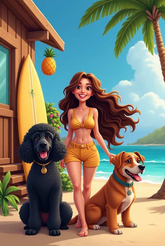  Wavy hair,Brunetette, black poodle dog no rosto,happy,insula,House, pineapple wooden deck, prancha surf, , black poodle dog, brown mutt dog, alegria cartoon