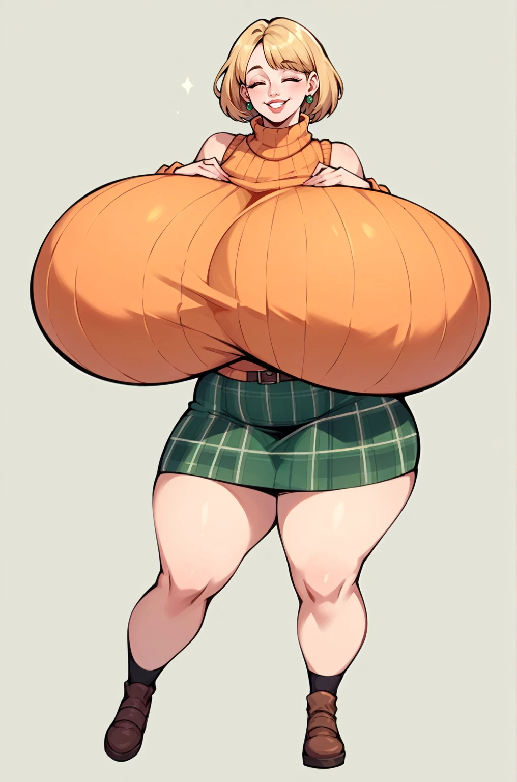 score_9, score_8_up, score_7_up, score_6_up, score_5_up, score_4_up, solo, Ashely Graham from resident evil 4, ((thicc mom)), short blonde hair, closed happy eyes, ((orange sleeveless turtleneck sweater with a burgundy sweater around her neck)), green plaid skirt, big thick full lips, ((pouted lips)), ((squinting eyes)), ((full body)), ((NSFW)), sexy, uctive, alluring, cute, motherly, joyful smile, (((gigantic breasts))ing breasts, big nipide hips, thihs, huge ass, ((hands holding own breas)