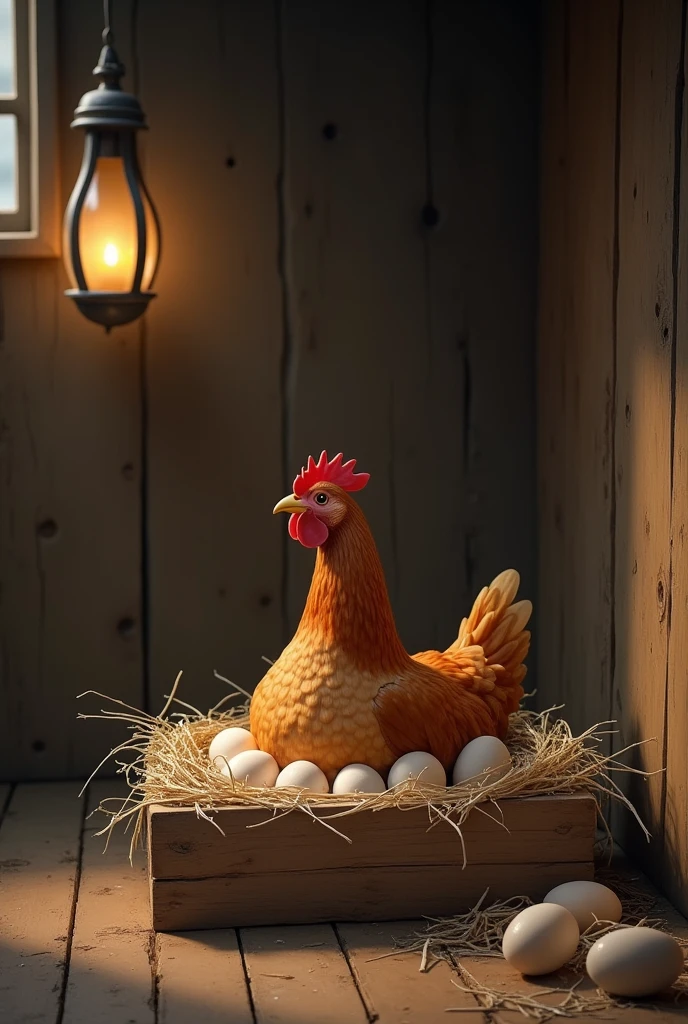 A brown hen ssitting in a wwooden box with some eggs in a room at night time in village