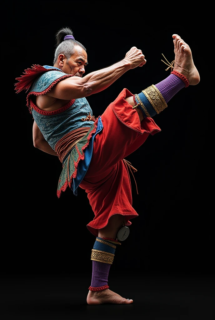 Pebrü Ancient Costa Rican warrior with Hwarang armor with the colors of the macaws without weapons is with a black background this one is doing a kick and less stocky, Now with the colors of the macaws and doing a higher side kick, the kick now more masculine and aggressive without a helmet, full kick doing the high side kick WITHOUT A HELMET, THE HIGHEST KICK that looks older and more masculine