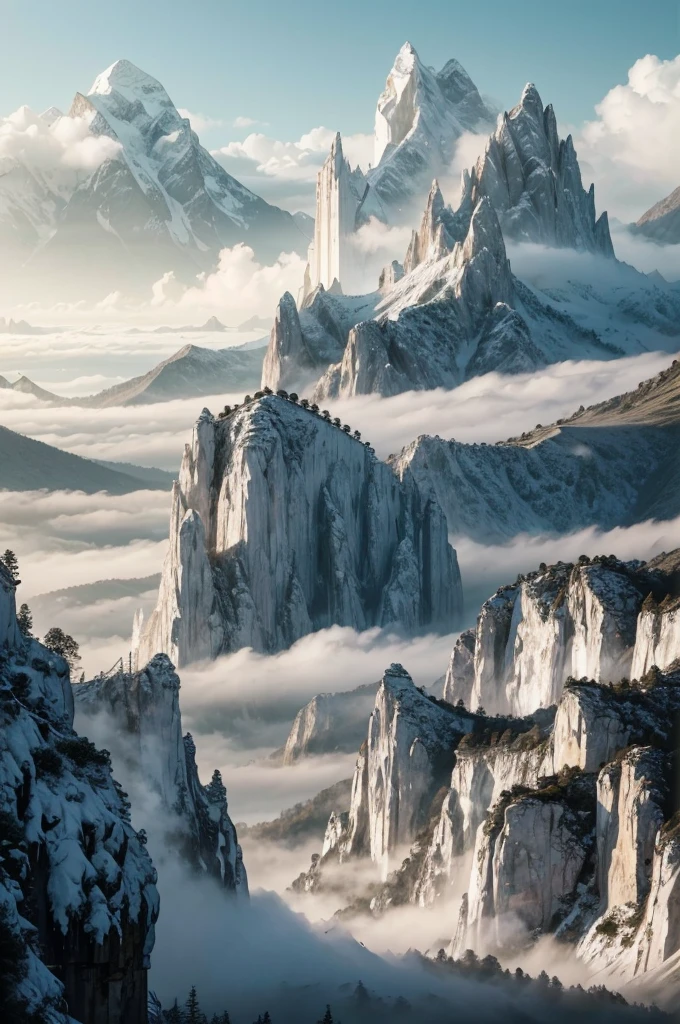 a glistening white kingdom of limestone, hidden between the cracked mountain, emerald light shining from the city and mountain, lush foliage, ornate architecture, sunrays, volumetric lighting, epic landscape, mist, fantasy, (best quality, 8k, highres, masterpiece:1.2), ultra-detailed, photorealistic, HDR, cinematic lighting, vibrant colors, detailed textures