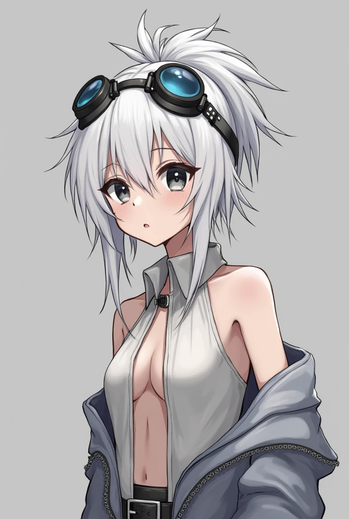 girl、White, unkempt hair、Her hair is tied up high on one side and is spiky.、Wearing large goggles on his head、Eyes are black、The clothes are revealing、