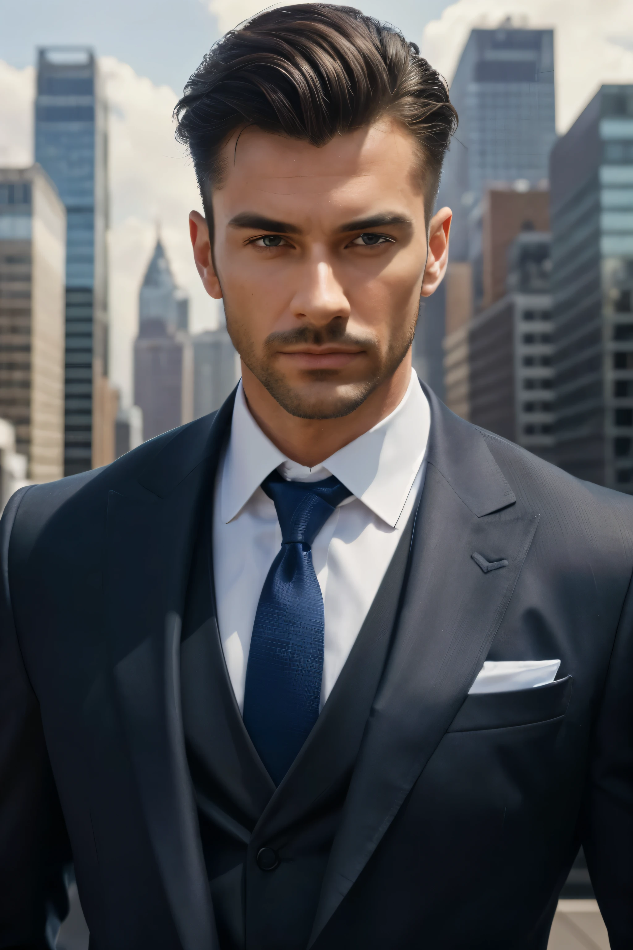 (best qualityer, 4K, 8k, high resolution, work of art:1.2), ultra detali, realisitic:1.37, a man in a cinematic 8k suit and tie, sharp focus, swirly vibrant colors, studio lighting, photorealisitic, Detailed face and facial expression, Elegant and confident, urban background with tall buildings, dynamic pose, elegant watch, extraordinary attention to the textures of clothing, Impeccable preparation, Stunning contrast, professional photograpy, modern art style