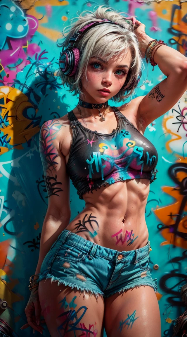 masterpiece, Best Quality, Tia shows herself with a quite slender figure.. she has grayish white hair , She has short hair and big pale green eyes., crop top, denim shorts, choker, (Graffiti:1.5), paint splash, arms behind the back, against the wall, looking at the viewer, bracelet, body paint, nod, bored, headphones,