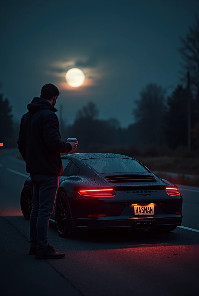 A black porsche with drls on in the dark night with a shining moon in the back and a name HASNAN on the number plate with a guy standing infront of it with a cup of coffee