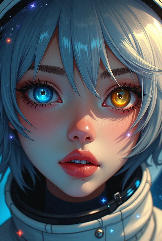 (Close-up of a better masterpiece:1.5)0.9], (Space and astronauts:1.2) (Messy silver hair:1.1) (Heterochromia xanthochromia and blue eyes:1.2) (Space Helmet:1.0) (Colored stars in the eyes:1.0) (A radiant glow:1.1) (thick lips:0.9)