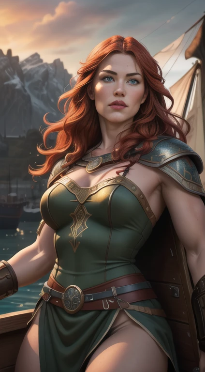 a viking warrior, long wavy red hair, green eyes, thin lips, round face, muscular and strong, sensual and imposing, viking woman on the viking ship, posing arrogantly on the bow of the boat, (best quality,4k,8k,highres,masterpiece:1.2),ultra-detailed,(realistic,photorealistic,photo-realistic:1.37),portraits,HDR,UHD,studio lighting,ultra-fine painting,sharp focus,physically-based rendering,extreme detail description,professional,vivid colors,bokeh