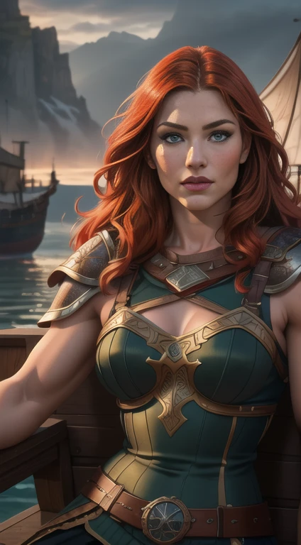 a viking warrior, long wavy red hair, green eyes, thin lips, round face, muscular and strong, sensual and imposing, viking woman on the viking ship, posing arrogantly on the bow of the boat, (best quality,4k,8k,highres,masterpiece:1.2),ultra-detailed,(realistic,photorealistic,photo-realistic:1.37),portraits,HDR,UHD,studio lighting,ultra-fine painting,sharp focus,physically-based rendering,extreme detail description,professional,vivid colors,bokeh