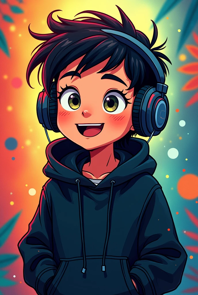 Boy wearing black hoodie and headphones animated 
