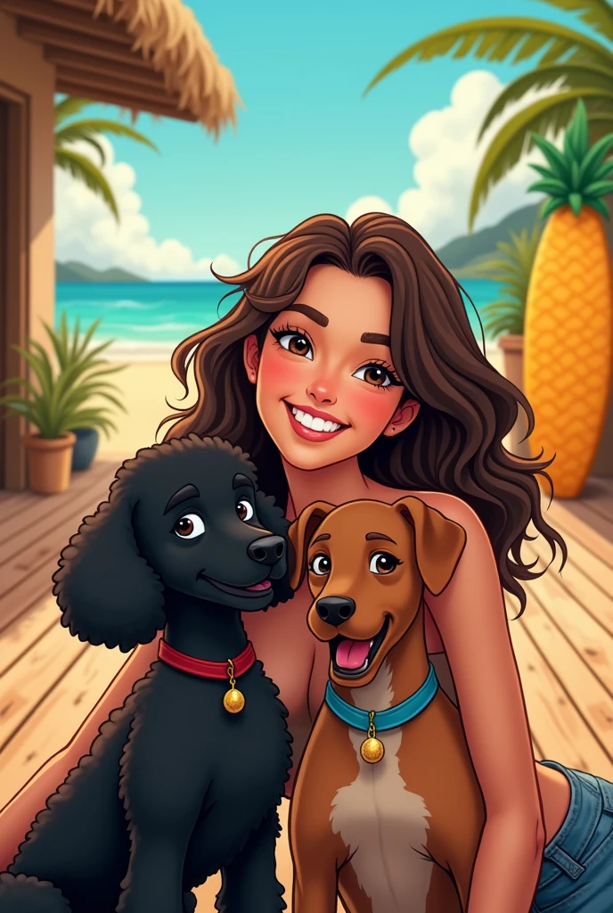 WomanWavy hair,Brunetette, cachorro according to that no rosto,happy,insula,House, pineapple wooden deck, prancha surf, black hair,according to that, brown mutt dog, cheerfulness .