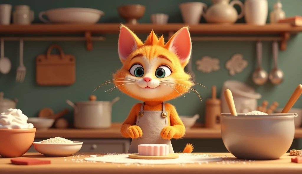 "Show the cat in the bakery’s kitchen, learning how to bake from the friendly baker. The cat is wearing a small apron and is involved in mixing ingredients."
3d animated disney inspired