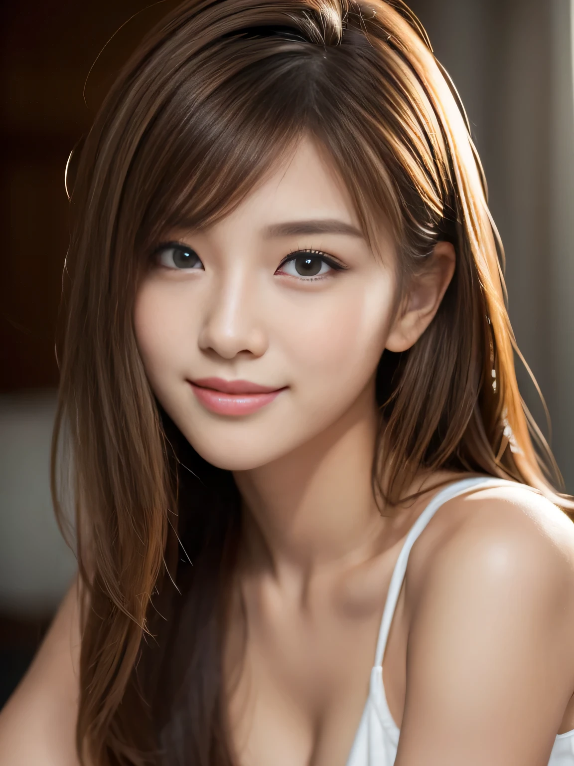 masterpiece, best quality, ultra-detailed, intricately detailed hyperdetailed, realistic, sharp features, highly detailed, sharp focus, Realistic, Photorealistic:1.3, (19 years old:1.3), perfect face, perfect symmetrically eyes, perfect full lips, hyper detailed, hyper realistic, high resolution, beautiful young korean woman, Slender, brown hair, Stylish, model poses, Beautiful Face, light brown hair, messy hair, Beautiful hairstyle, (seductive smile:1.2), (looking at viewer), cinematic lighting, White background,

