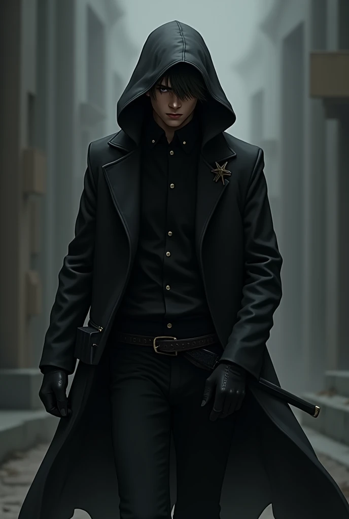 Young man, short white hair mixed with black, bangs covering right eye, wearing black long sleeve shirt, black pants, black gloves, long black hooded coat, Sword hanging on right hip, small pouch on left hip.