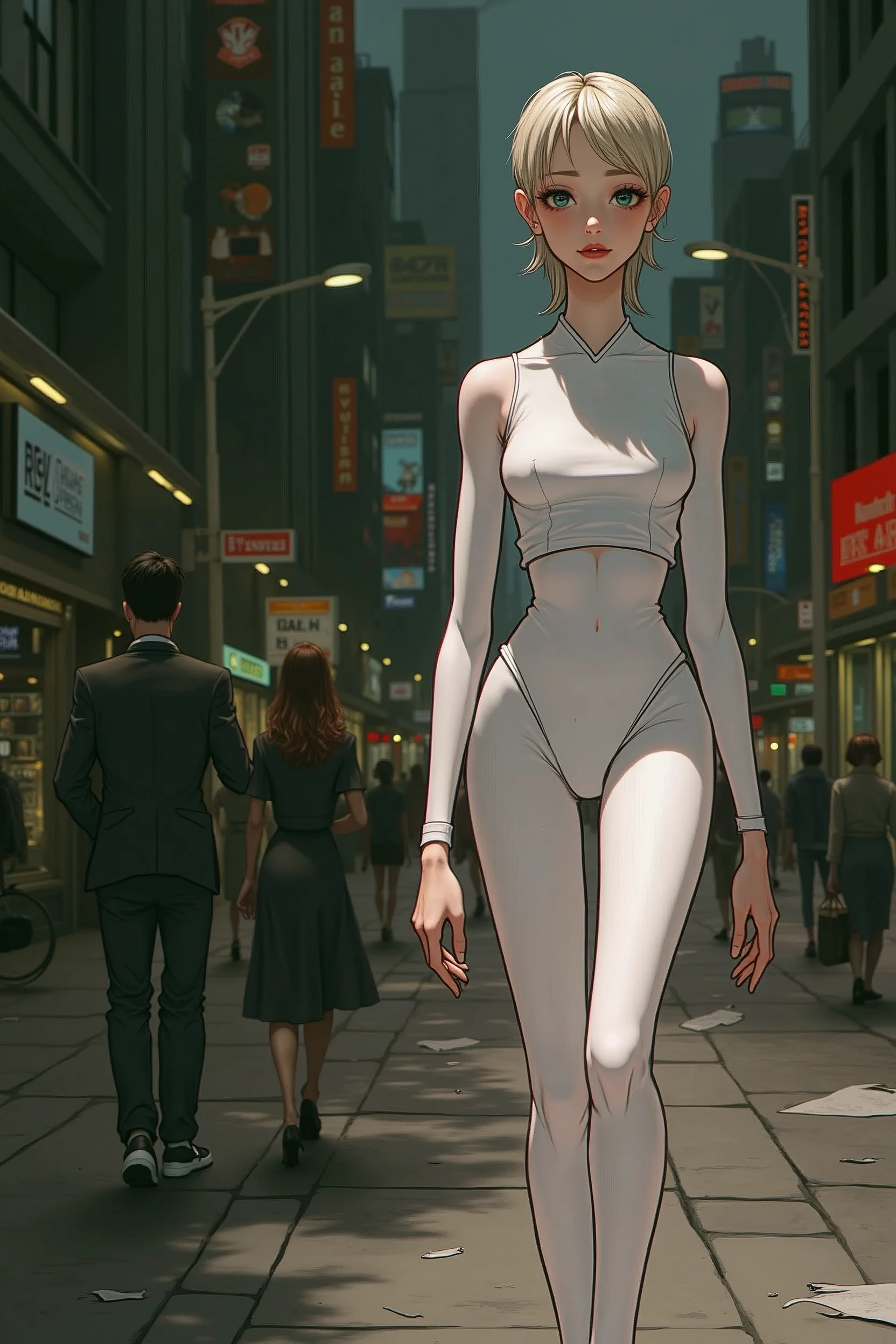 A flat-chested girl walks down the street in a tight bodysuit
