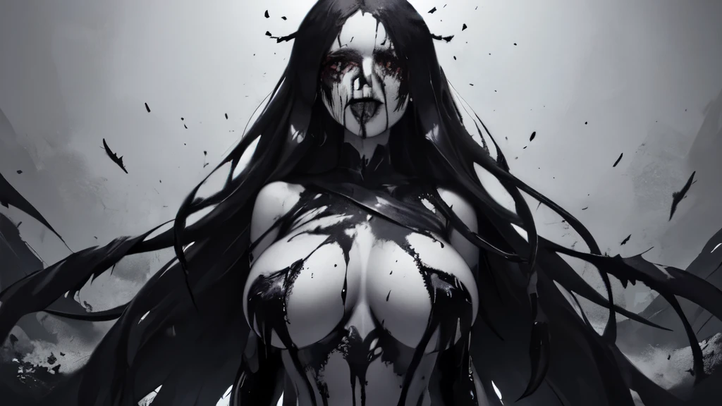 bs, solo, simple background, monochrome, upper body, greyscale, bodysuit, black background, 1other, monster, arms at sides, horror (theme) there is a large-breasted woman in the picture with her arms torn off and her face bleeding, ravens flying in the background, stocking, hot lingerie, big boobies, red paint splatted on it