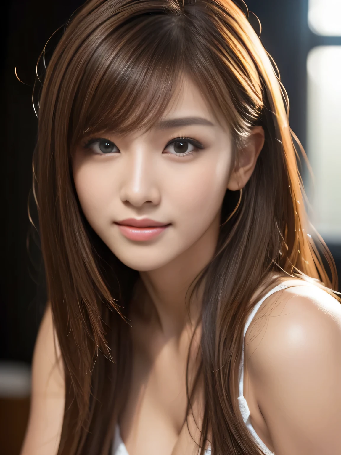 masterpiece, best quality, ultra-detailed, intricately detailed hyperdetailed, realistic, sharp features, highly detailed, sharp focus, Realistic, Photorealistic:1.3, (19 years old:1.3), perfect face, perfect symmetrically eyes, perfect full lips, hyper detailed, hyper realistic, high resolution, beautiful young korean woman, Slender, brown hair, Stylish, model poses, Beautiful Face, light brown hair, messy hair, Beautiful hairstyle, (seductive smile:1.2), (looking at viewer), cinematic lighting, White background,

