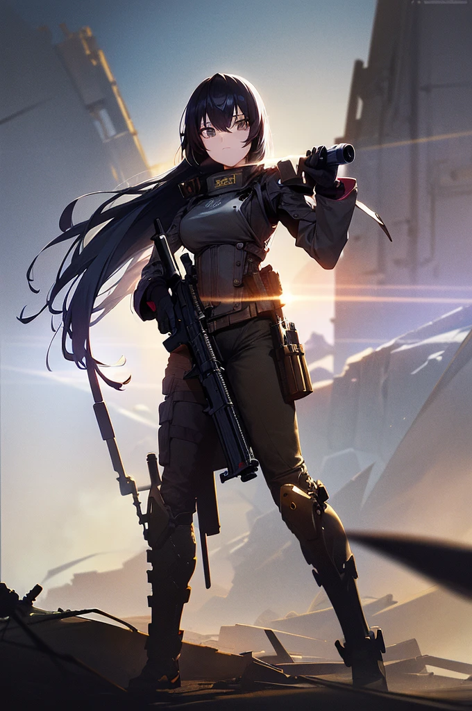 In the spotlight, holding_gun, assault_rifle, Very detailed,, Anime Style, whole body, alone, Stylish Gunfighter Girl, Holding a steampunk long barrel pistol,Standing in the wasteland, 8K high resolution, White Background, The background is a dark and desolate landscape, Horror movie atmosphere. Her figure is very beautiful, Emphasizing the dark and crazy elements. Skillfully expressing the effects of light and shadow, Anime girls with guns and rifles, from Girls&#39; Frontline, mechanized soldier girl, Girls&#39; Frontline style