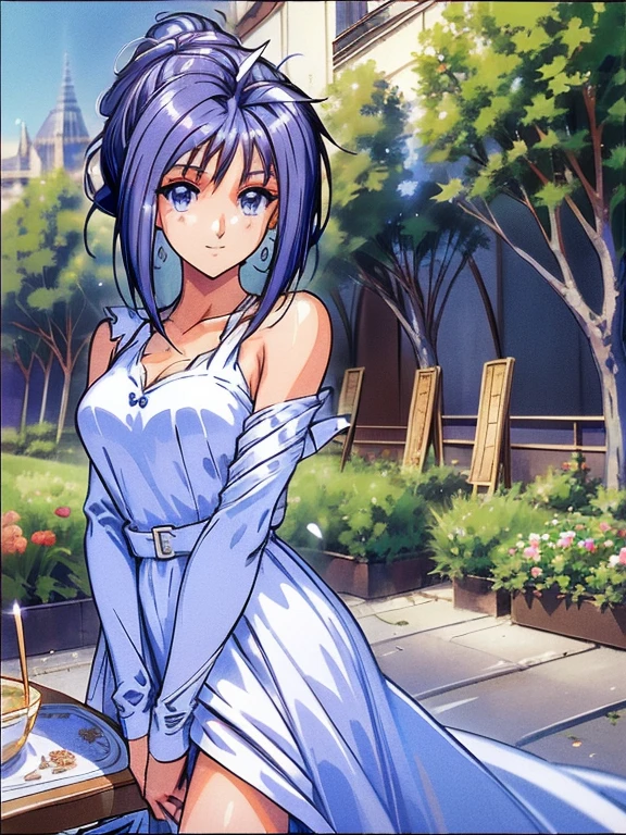 ((masterpiece)),((Ayako Katagiri)),((Katagiri Ayako)),((Mischievous Smile)),Anatomically perfect fingers,(((Paris))),(((Cafe Terrace))),(((White dress))),(((No sleeve)))