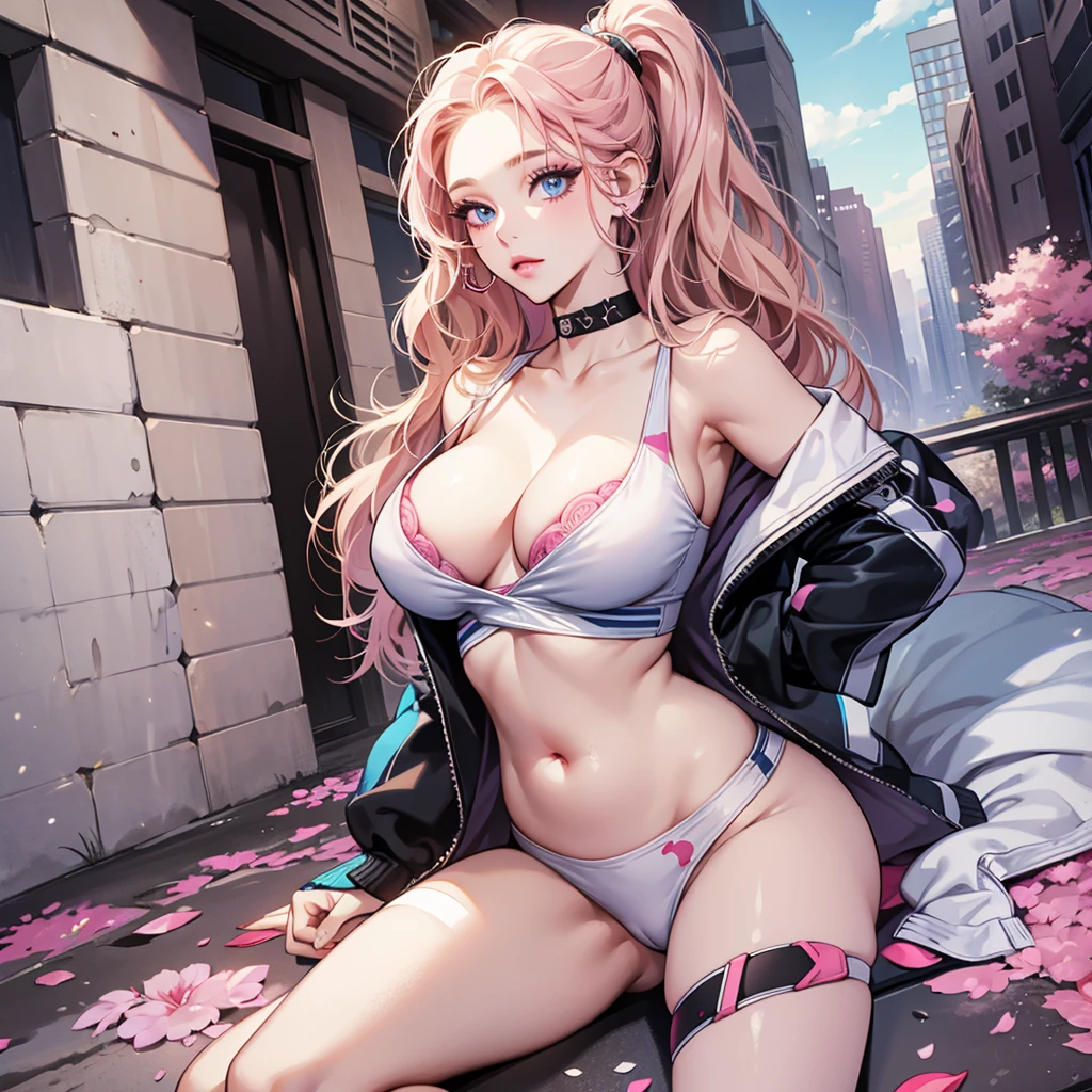 masterpiece, young adult, female, looking at viewer, portrait, full body, thick belly, tick thighs, tick butt, cute, sportive, urban outfit, pink makeup, pale skin, bangs, long ponytail wavy blond hair, perfect blue eyes, D cup bust, sexy, eyelashes, ear studs, sexy choker, jewelry, curve body, longs and sexy legs