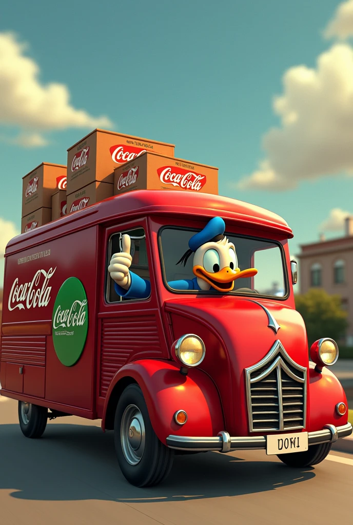 A dark burgundy minibus with a green round emblem on the side of the Citroen is carrying many boxes of Coca-Cola, Donald Duck is sitting behind the wheel and sticking his hand out the side window, showing a thumbs up like.