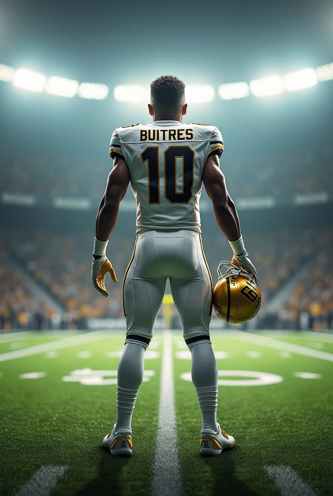 create an image that is an American football field, a player with his back turned wearing a white jersey with the name of the Buitres team on his back, Add gold details to the uniform, holding a golden American helmet. Add pharmacology elements to the sides of this image