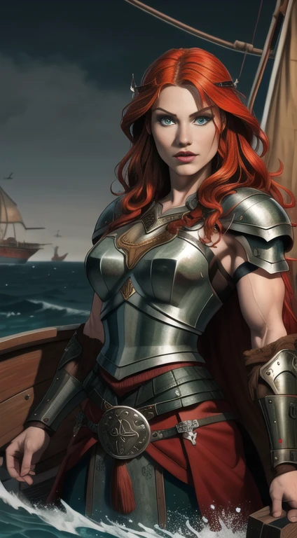 a viking warrior, long wavy red hair, green eyes, thin lips, round face, wearing viking armor, muscular and strong, sensual and imposing, looking at the viewer, viking woman on the viking ship, posing arrogantly on the bow of the boat