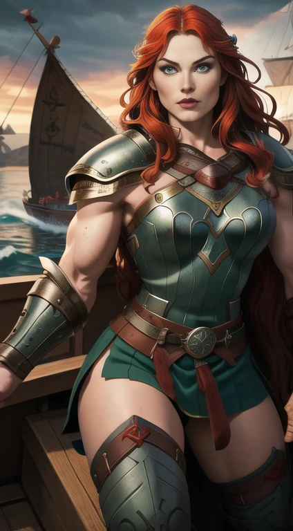 a viking warrior, long wavy red hair, green eyes, thin lips, round face, wearing viking armor, muscular and strong, sensual and imposing, looking at the viewer, viking woman on the viking ship, posing arrogantly on the bow of the boat