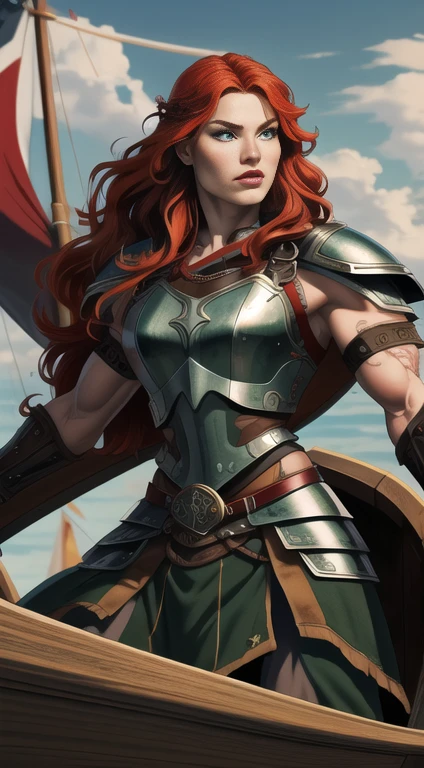 a viking warrior, long wavy red hair, green eyes, thin lips, round face, wearing viking armor, muscular and strong, sensual and imposing, looking at the viewer, viking woman on the viking ship, posing arrogantly on the bow of the boat