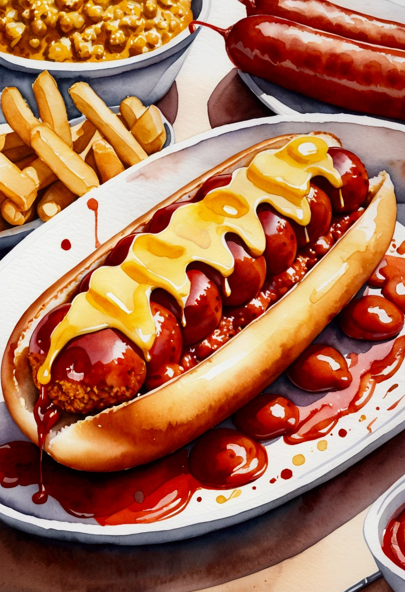Painting of a currywurst, Trend Aquarell, detailed, non-realistic rendering, Streetstyle, food blogger