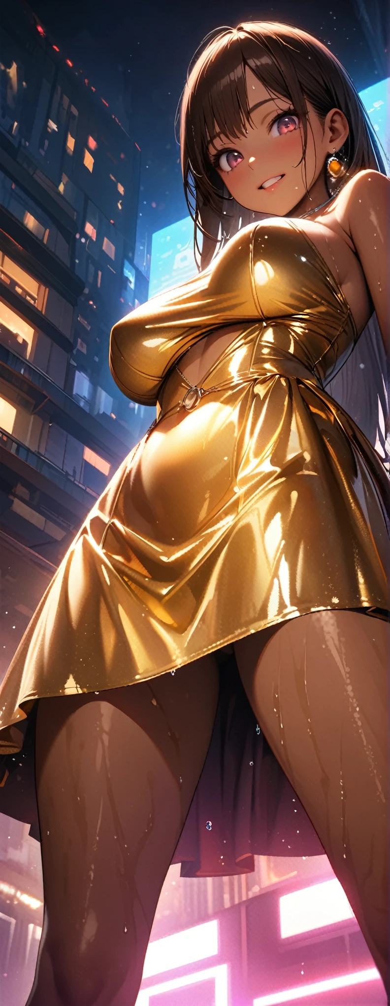 Straight Hair、Brown Hair,((Highly detailed golden ???? dress)), Looks about 17 years old, (beautiful girl: 1.3),1girl,Highest quality,8k,Highly detailed CG unit wallpaper,masterpiece:1.2,Highest quality,Ultra-high resolution,RAW Photos,Realistic textured skin,Cinema Lighting,happy,Big Eyes,Detailed eyes,Wet,Wet,Watery eyes,weak,Huge building,Metropolis,vapor,big, ((big, round ????????)),Detailed ???,?????????????,Lounge at night,Cyber Pink Background,(Brown Skin:1.5),Beautiful glossy lipstick、Perfect Makeup、Ultra-high definition beauty face、Shining Bracelet、Beautiful earrings,((???? pose)),(From below:1.3),(Looking down, Watch with a viewer:1.3)