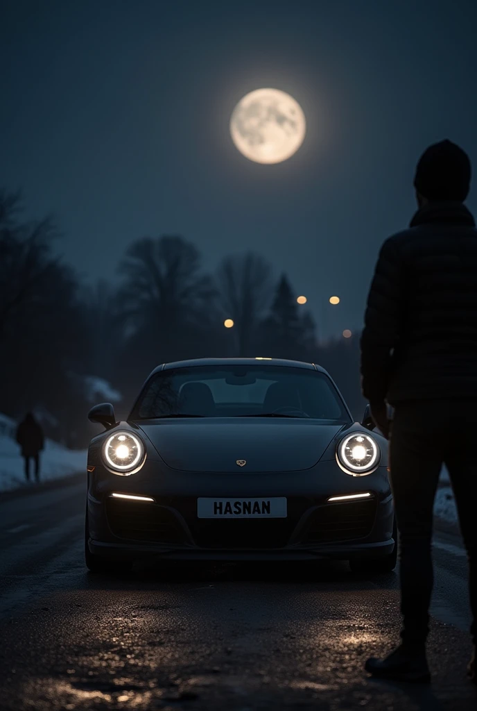 A black porsche from the front with drls on in the dark night with a shining moon in the back and a name HASNAN on the number plate with a guy standing infront of it with a cup of coffee