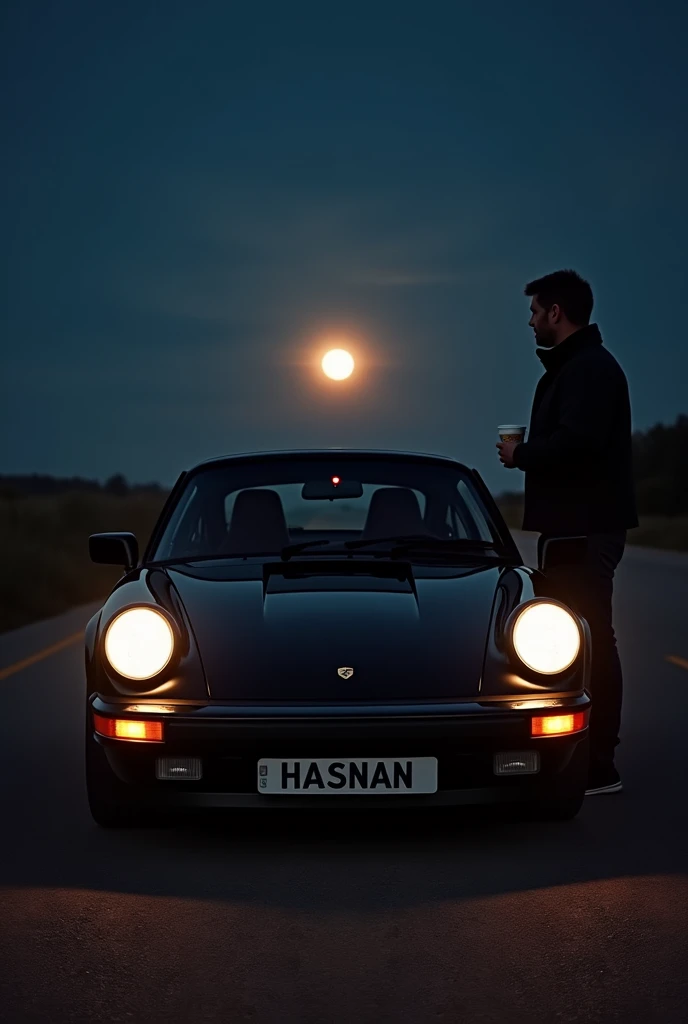 A black porsche from the front with drls on in the dark night with a shining moon in the back and a name HASNAN on the number plate with a guy standing infront of it with a cup of coffee