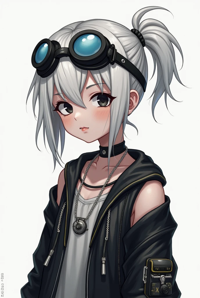 girl、White, unkempt hair、Her hair is tied up high on the right side and is spiky.、Wearing large goggles on his head、Eyes are black、The clothes are punk-style and don't reveal much skin.、