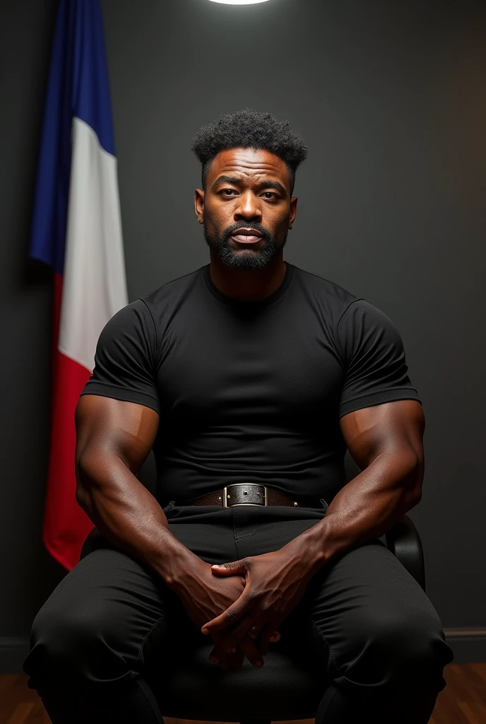 44 Years Old Picture of an Physiculturist Endomorph Biotype black man, Short black curled hairstyle, Mascule face, Hooked nose, Light brown eyes, moustache, Muscular arms, forearms and shoulders, Crossed arms, black Work-Shirt, leather belt, Black Pants, With a French flag in the background, Sitted on Chair, spotlight shining on the face.