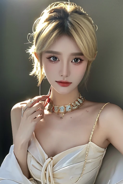 (Highest quality、4K、8k、High resolution、masterpiece:1.2)、Very detailed、(Genuine、Realistic、Realistic:1.3)、Blonde、Pixie Cut、Black choker、Gal Fashion、Gal Accessories、Gal Makeup