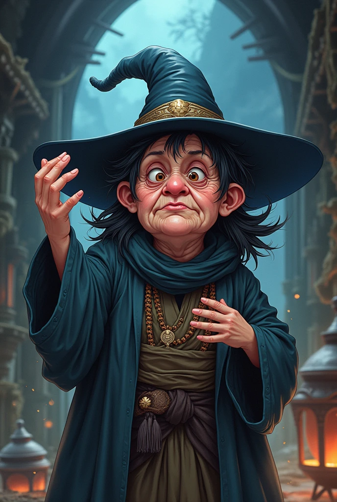 A 1000 year old anime-style, short, ugly and fat female wizard