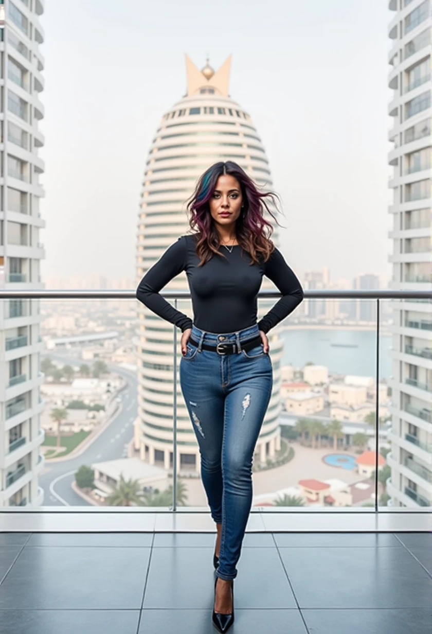 Raw full body photo of a 35 years old European woman, the view is from behind her body, she is standing on a balcony of the 50th floor of a luxury hotel in Dubai, tanned skin wearing porn actress clothes, thigh-high stockings, round sagging medium breasts, grey eyes, tousled layered wavy hair falling on her face, blueish brown and red hair color, beautiful big eyes, photo for Instagram, subtle makeup, ((stunning full body photo of her buttocks)), porn party background (((many people behind her squeezing her ass))) touching it with pleasure, hyperrealistic, pure realism, DSLR camera, 50mm or 85mm lens, with f/1.4 or f/2.8 aperture, ISO 100-400, shutter 1/125 s