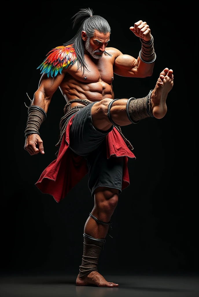 Pebrü Ancient Costa Rican warrior with Hwarang armor with the colors of the macaws without weapons is with a black background this one is doing a kick and less stocky, Now with the colors of the macaws and doing a higher side kick, the kick now more masculine and aggressive without a helmet, full kick doing the high side kick WITHOUT A HELMET, THE HIGHEST KICK that looks older and more masculine 